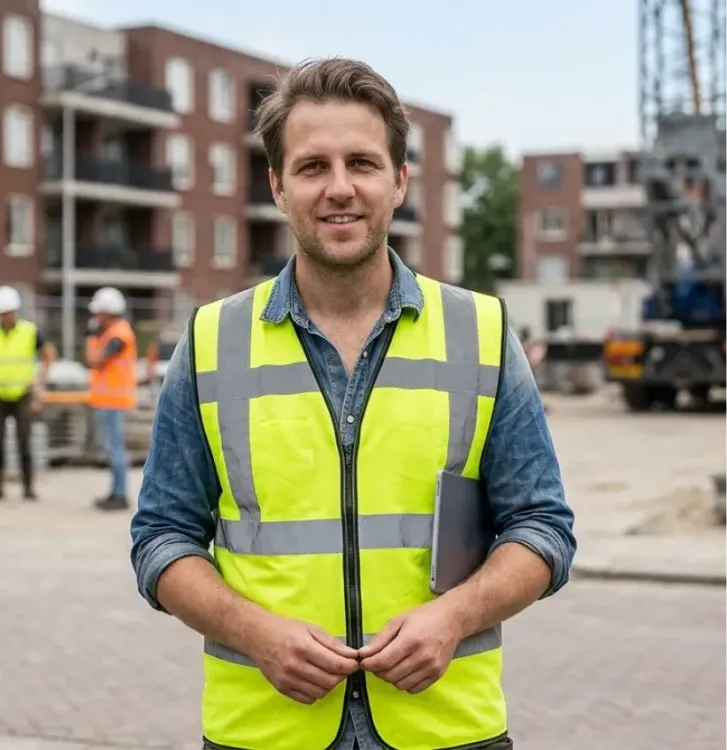 Daan, werkvoorbereider, op een bouwplaats in de stad
