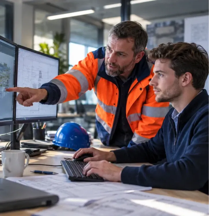 Engineers bekijken samen een ontwerp op het scherm