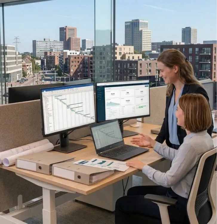 Lotte, projectbeheerser, met een collega achter planningsschermen