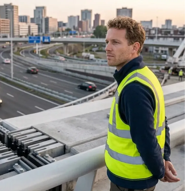 Mark, toezichthouder, bij een snelwegviaduct