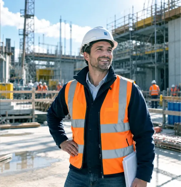 Lachende omgevingsmanager met helm en veiligheidshesje op een bouwplaats