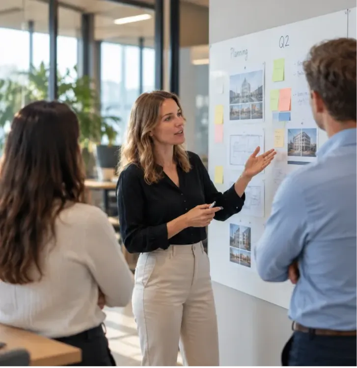 Collega's bespreken een projectplanning aan een whiteboard