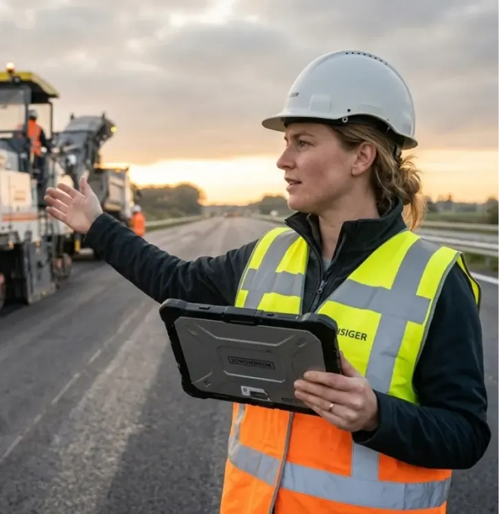 Sanne, projectleider, met tablet bij asfaltwerkzaamheden aan een weg