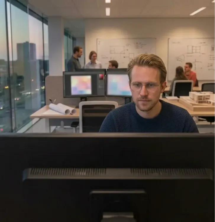 Tom, ontwerper, aan het werk achter zijn beeldscherm