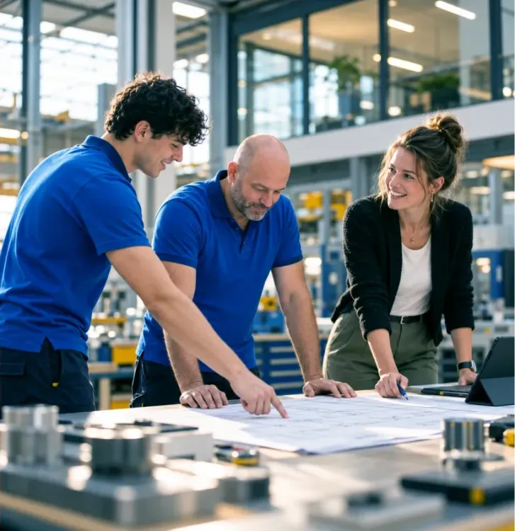 Werkvoorbereiders bespreken tekeningen in een werkplaats