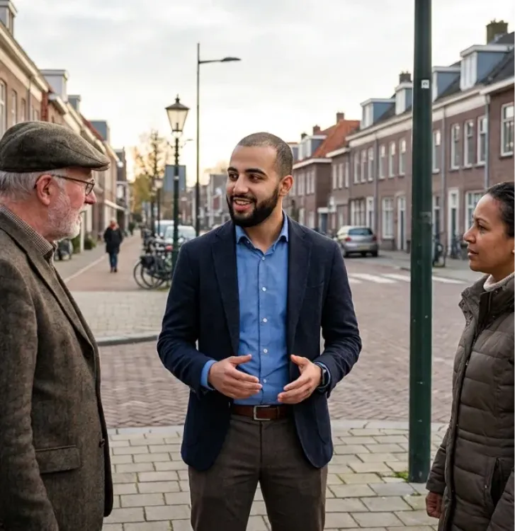 Youssef, omgevingsmanager, in gesprek met bewoners in een woonstraat